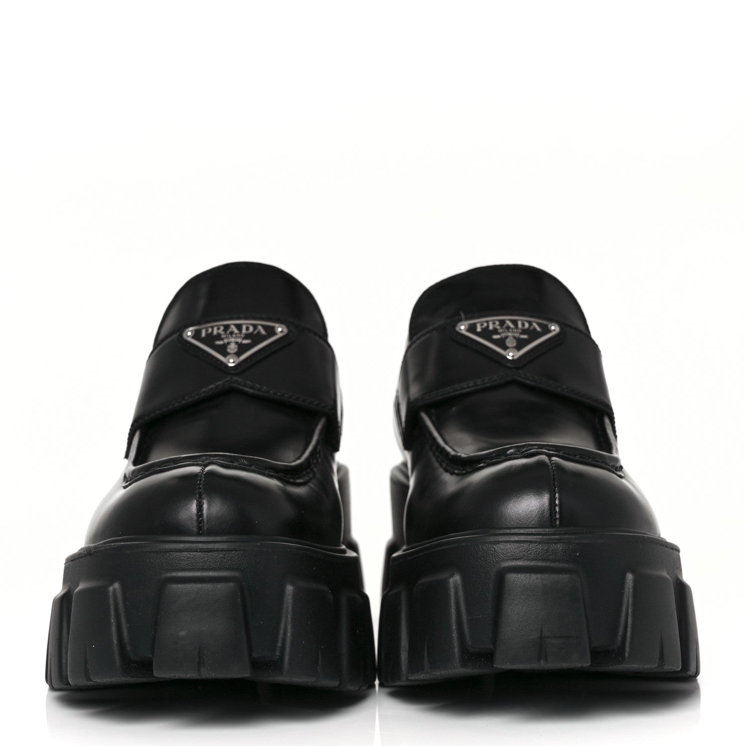 Prada Spazzolato Rois Metal Triangle Logo Monolith 55mm Loafers 38 Black 2 of 10