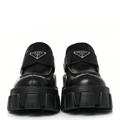 Prada Spazzolato Rois Metal Triangle Logo Monolith 55mm Loafers 38 Black 2 of 10