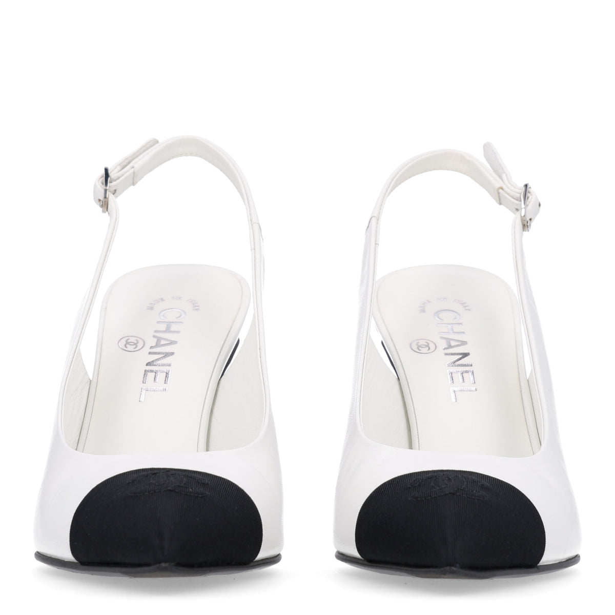 Chanel Goatskin Grosgrain Pointed Cap Toe CC Slingback Pumps 38.5 White Black 3 of 10