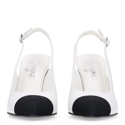 Chanel Goatskin Grosgrain Pointed Cap Toe CC Slingback Pumps 38.5 White Black 3 of 10