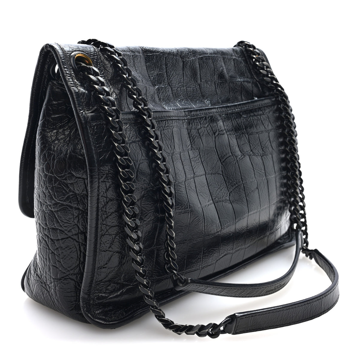 Crocodile Embossed Lambskin Monogram Medium Niki Chain Satchel Black