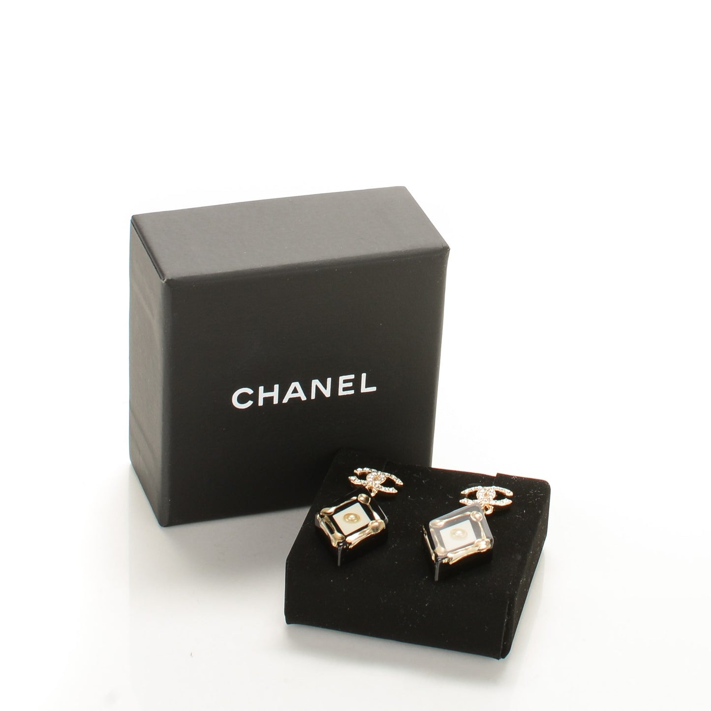 Crystal Resin Spoon Brasserie CC Drop Earrings Black White