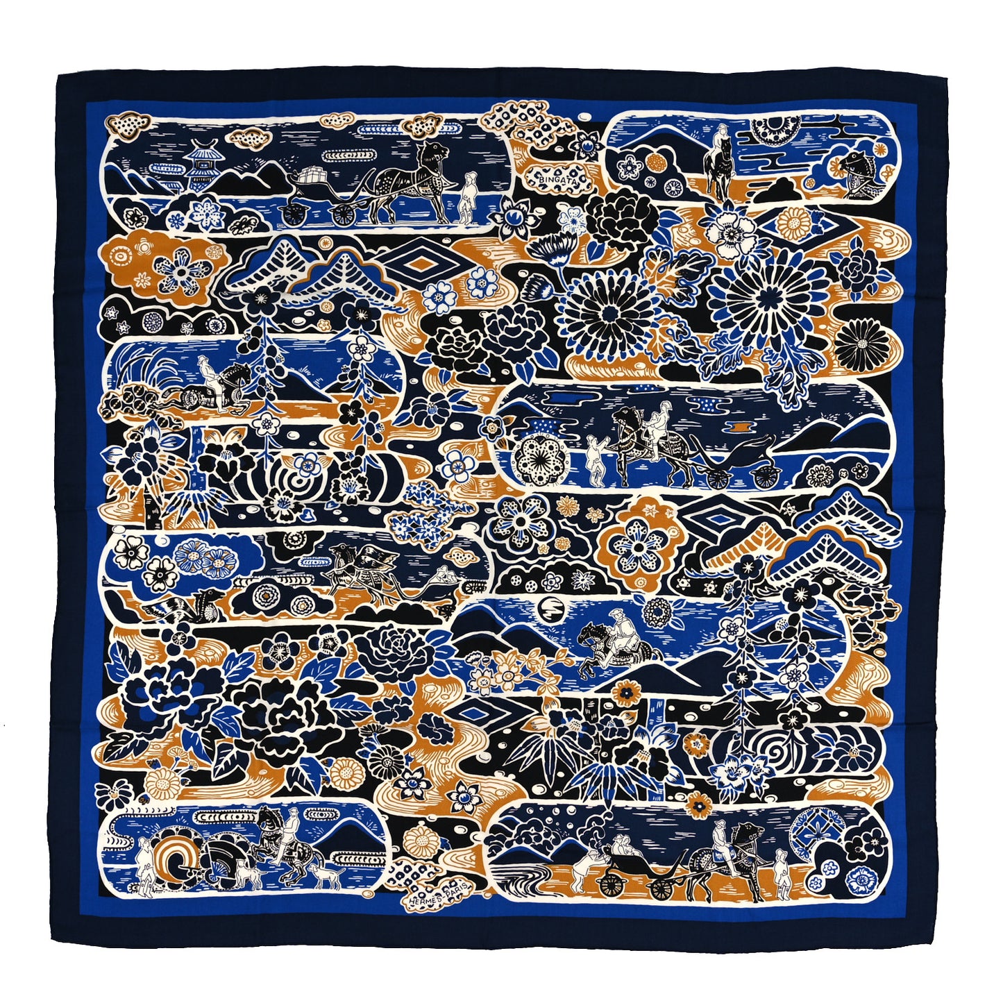 Cashmere Silk Bingata Shawl 140 Marine Bleu Dur Beige