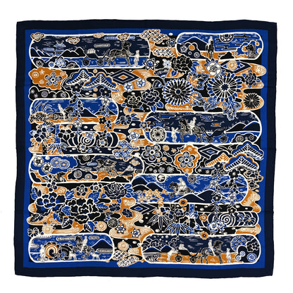 Hermes Cashmere Silk Bingata Shawl 140 Marine Bleu Dur Beige 1 of 3