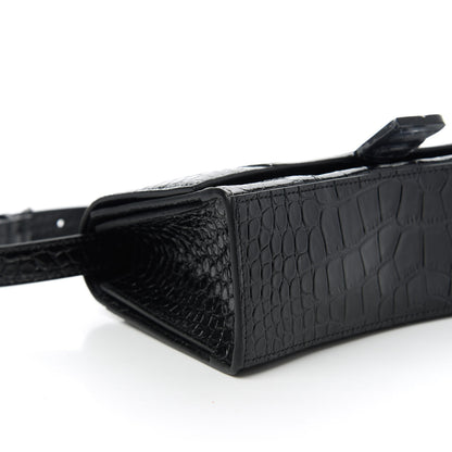 Balenciaga Shiny Calfskin Monochrome Crocodile Embossed Small Hourglass Sling Shoulder Bag Black 6 of 9