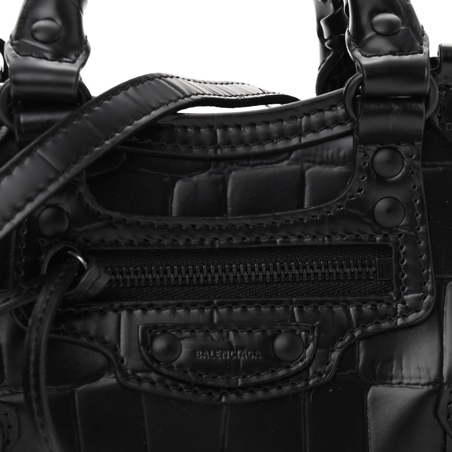 Semi Shiny Calfskin Crocodile Embossed Neo Classic Black Hardware Nano City Crossbody Black