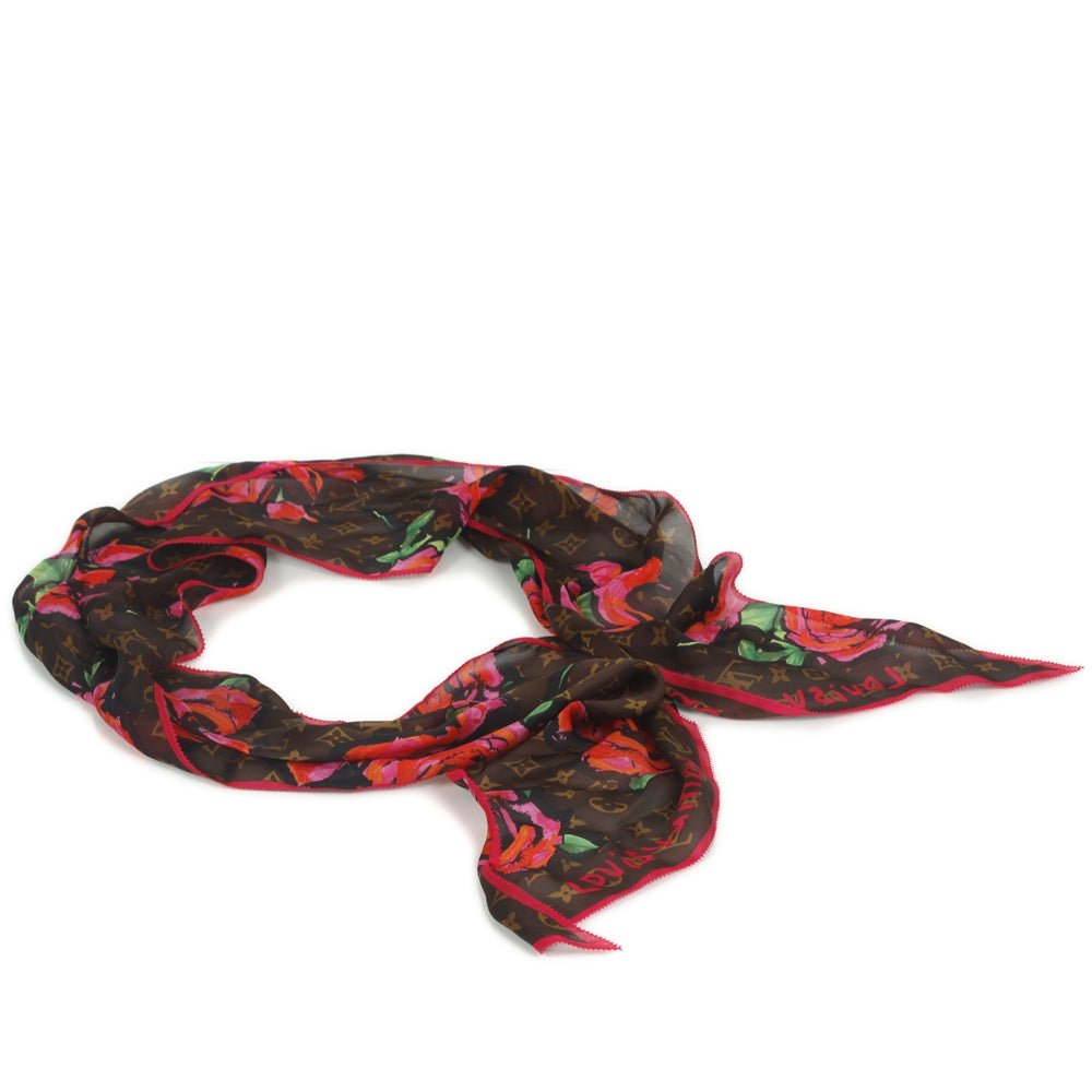 Silk Monogram Roses Scarf Marron