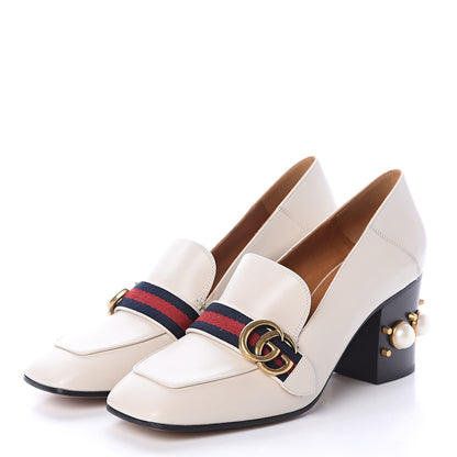 Gucci Betis Glamour Calfskin Web Pearl Embellished Peyton 75mm Loafer Pumps 39.5 Mystic White 3 of 7