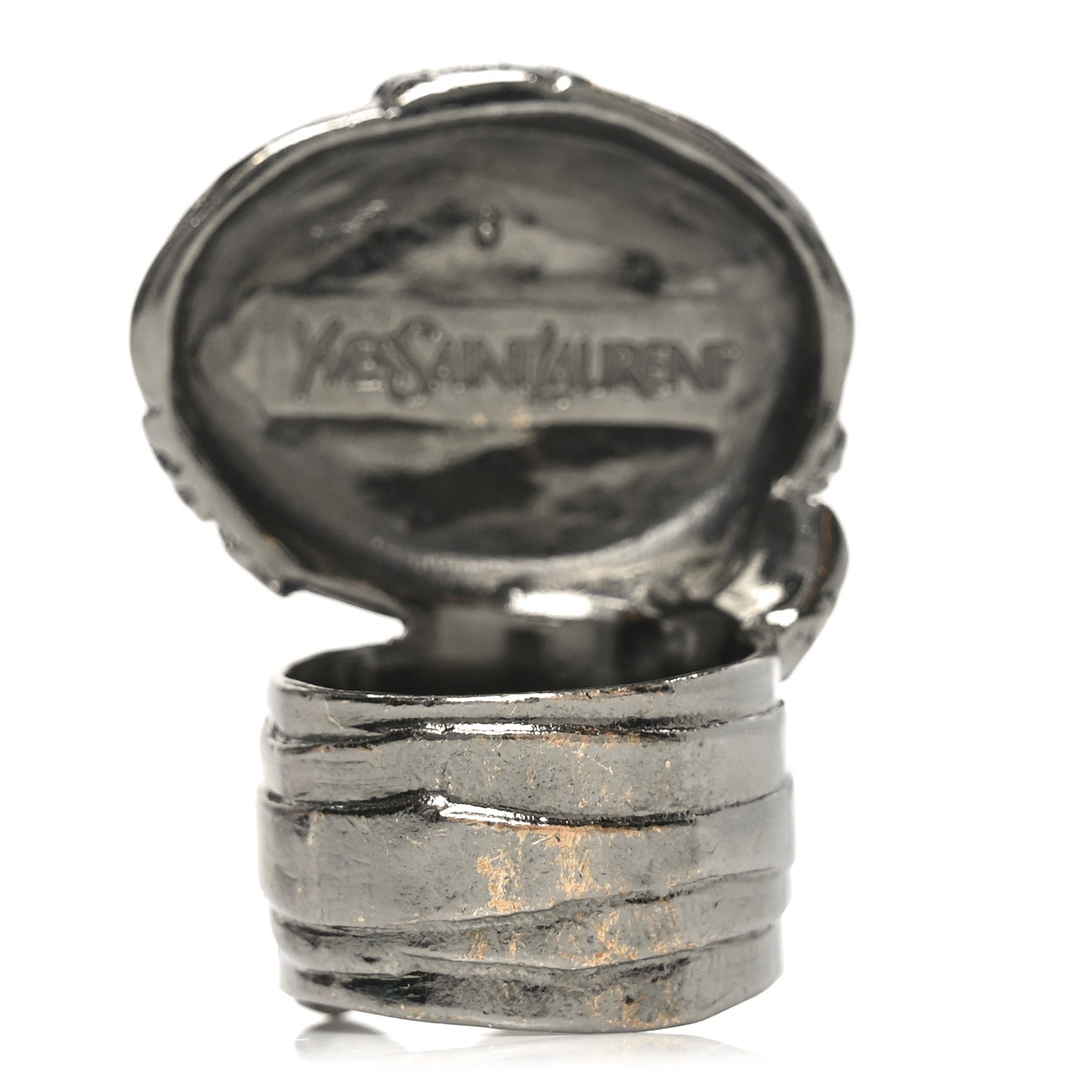 Saint Laurent Glass Cabochon Arty Ovale Ring 8 Gunmetal Malachite 3 of 4