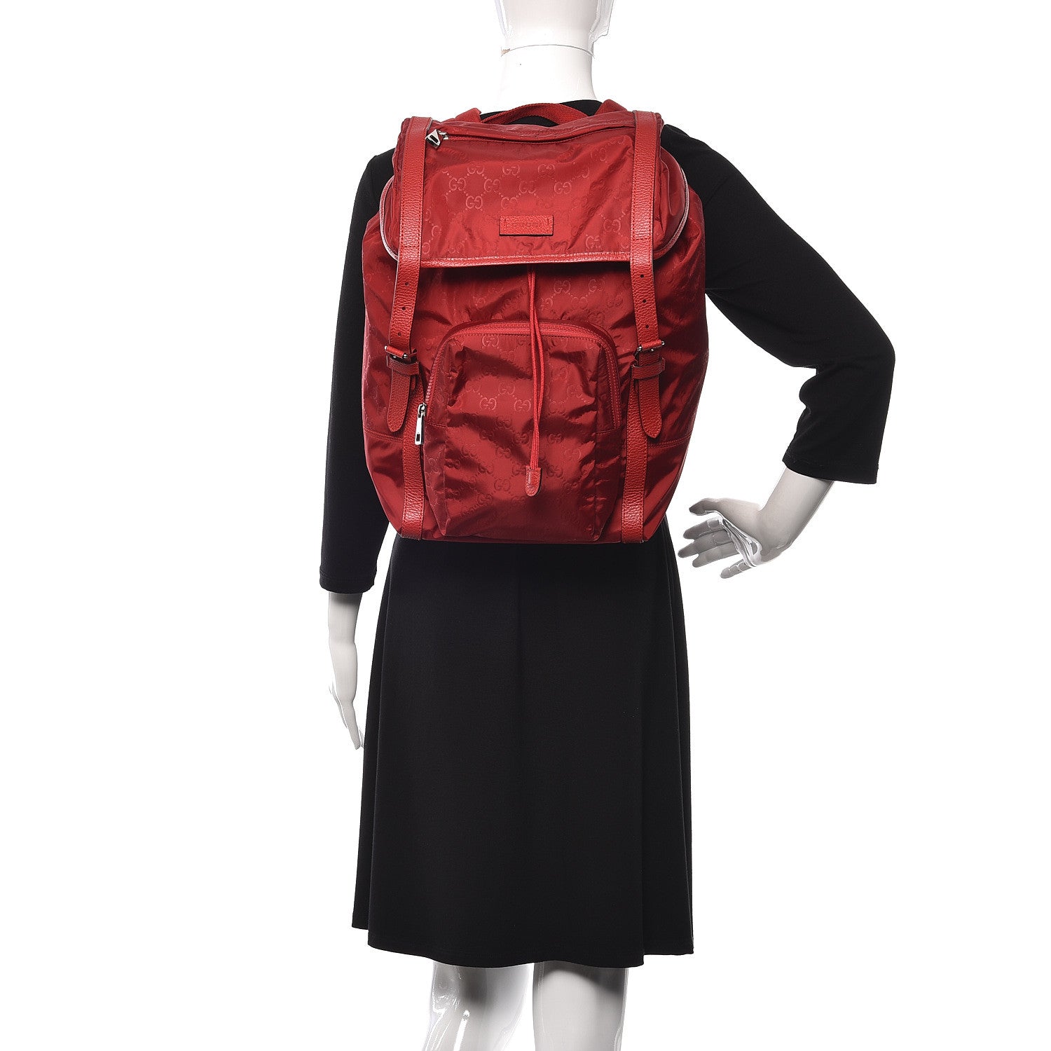 Gucci Nylon Monogram Dollar Calfskin Medium Light Double Buckle Backpack Vibrant Red 2 of 10