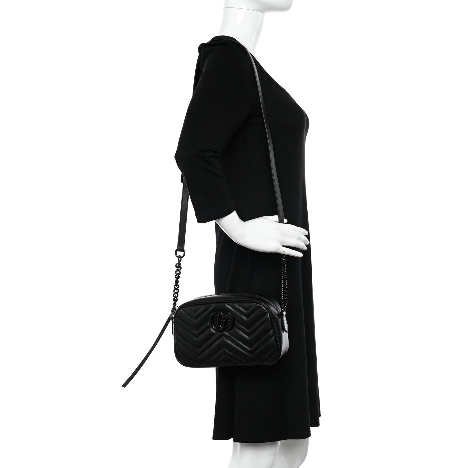 Gucci Calfskin Matelasse Monochrome Small GG Marmont Chain Shoulder Bag Black 2 of 11