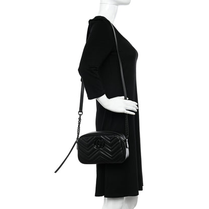 Gucci Calfskin Matelasse Monochrome Small GG Marmont Chain Shoulder Bag Black 2 of 11