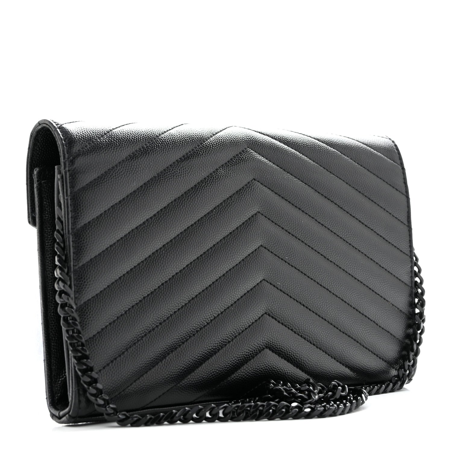 Saint Laurent Grain De Poudre Matelasse Chevron Monogram Monochrome Envelope Chain Wallet Black 3 of 14
