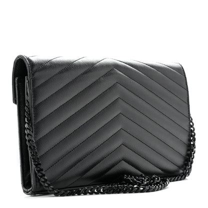 Saint Laurent Grain De Poudre Matelasse Chevron Monogram Monochrome Envelope Chain Wallet Black 3 of 14