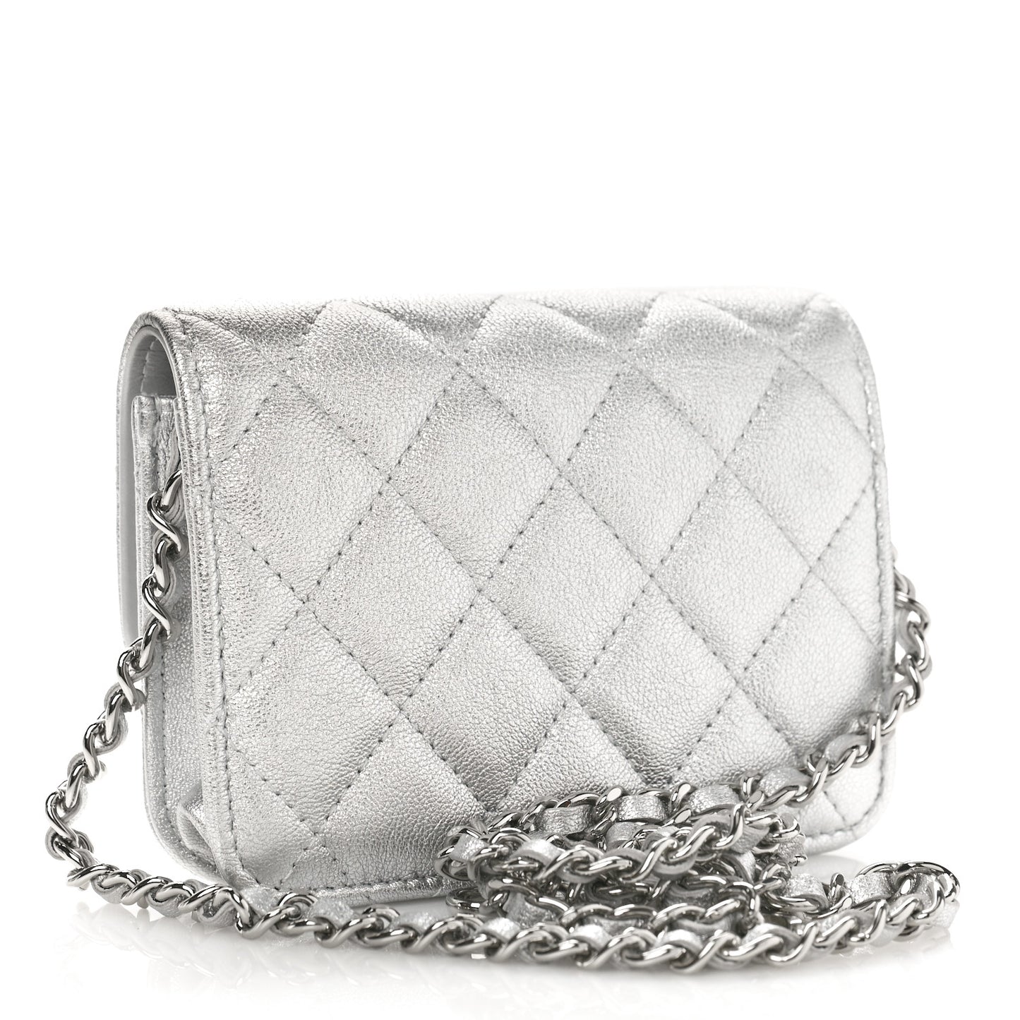 Metallic Goatskin Quilted Crystal CC Walk Of Fame Clutch With Chain Silver