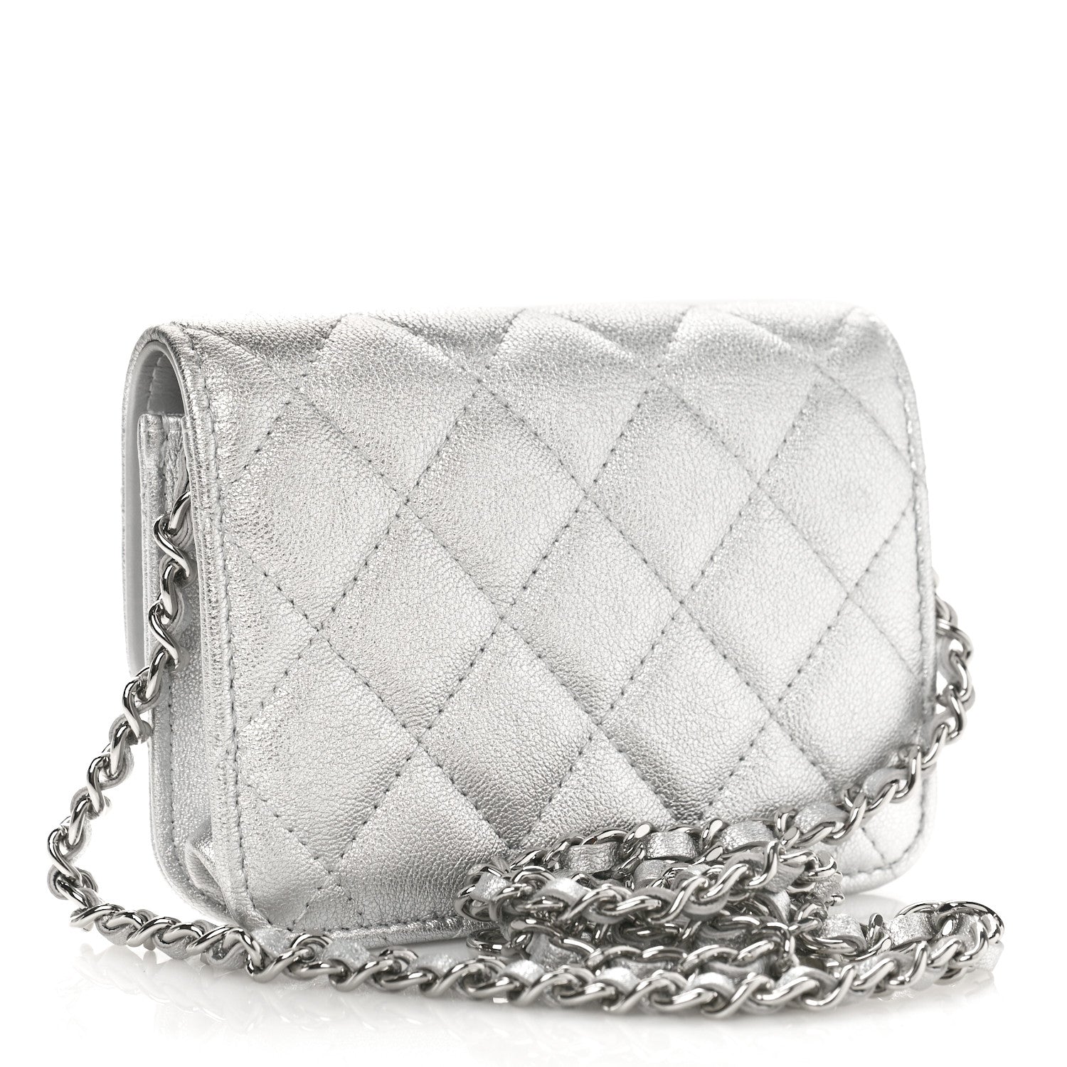 Chanel Metallic Goatskin Quilted Crystal CC Walk Of Fame Clutch With Chain Silver 2 of 10