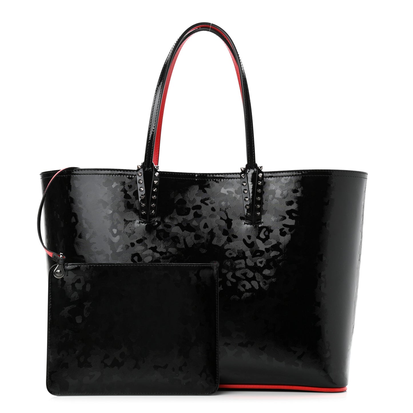 Patent Calfskin Print Leopard Print Spikes East West Cabata Tote Black