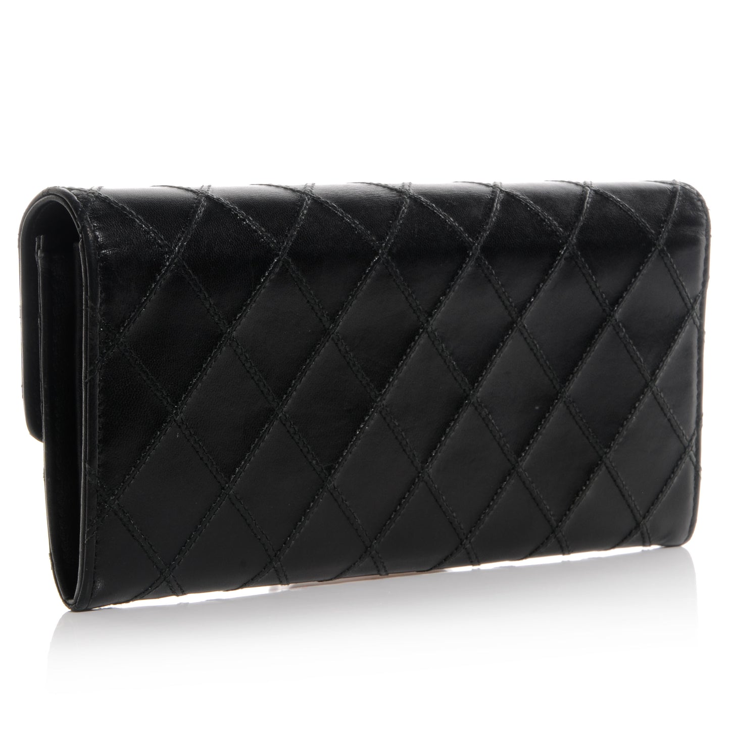 Lambskin Diamond Stitched Long Flap Wallet Black