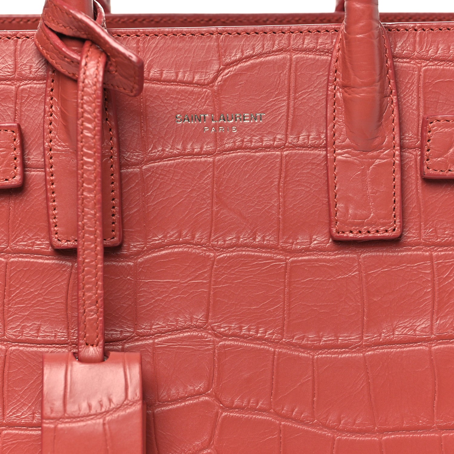 Saint Laurent Calfskin Crocodile Embossed Nano Sac De Jour Rose