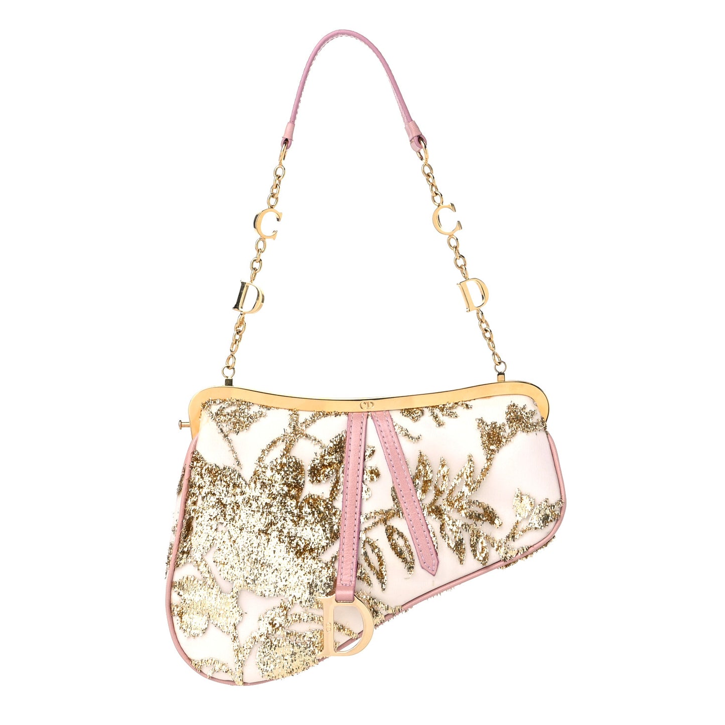 Satin Embroidered Mini Frame Saddle White Gold Pink