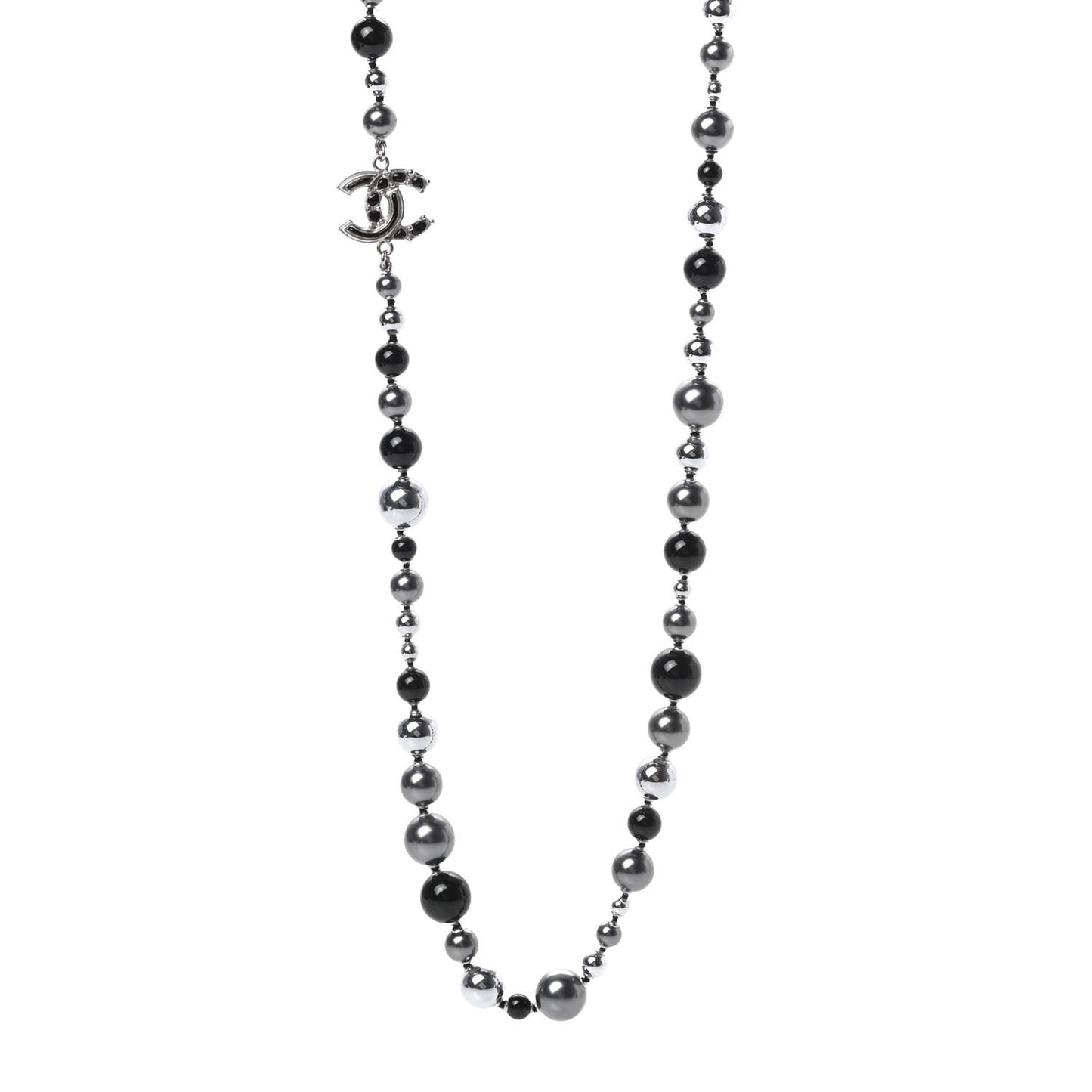Pearl Beaded CC Long Necklace Black