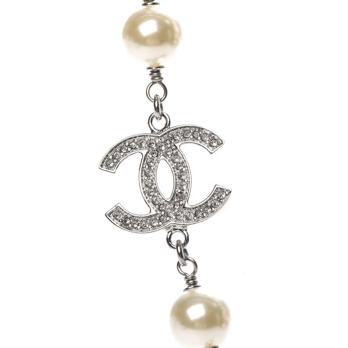 Crystal Pearl CC Long Necklace Silver