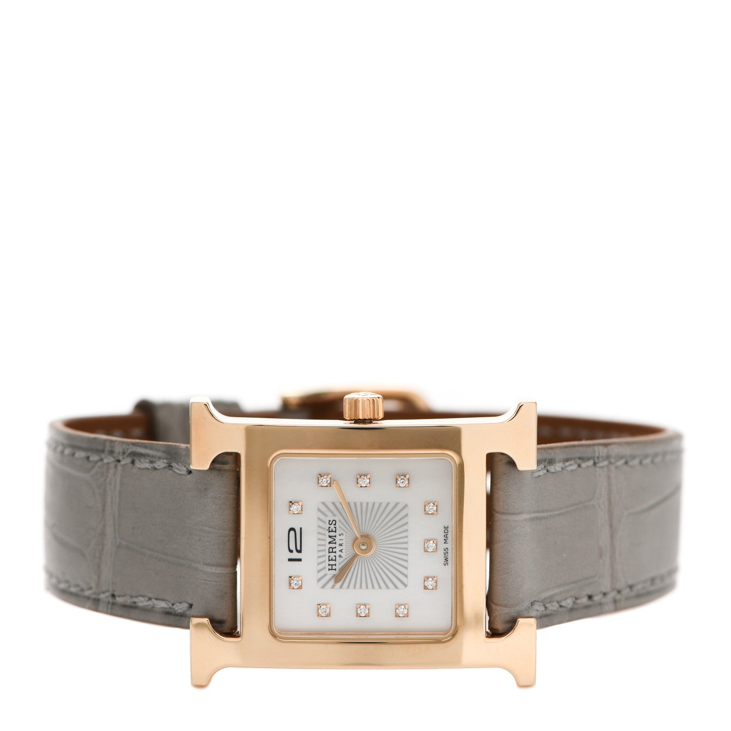 Hermes Stainless Steel Alligator Diamond Mother of Pearl 21mm Heure H Hour Quartz Watch Gris Elephant 2 of 5