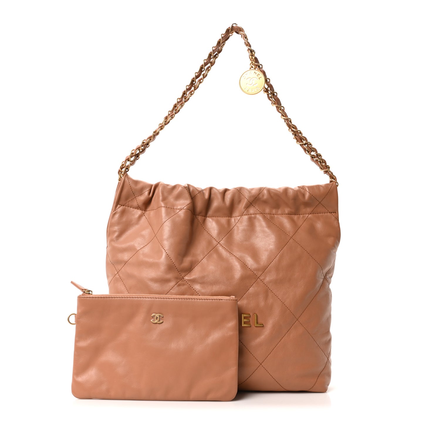 Shiny Calfskin Quilted Small Chanel 22 Camel