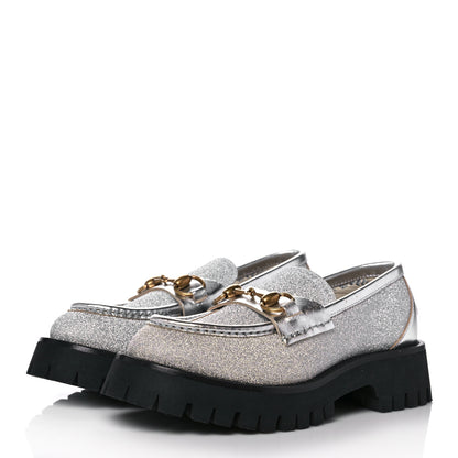 Gucci Mini Diamond Storm Silk Calfskin Womens Harald Horsebit 25mm Platform Loafers 35 Silver 3 of 10