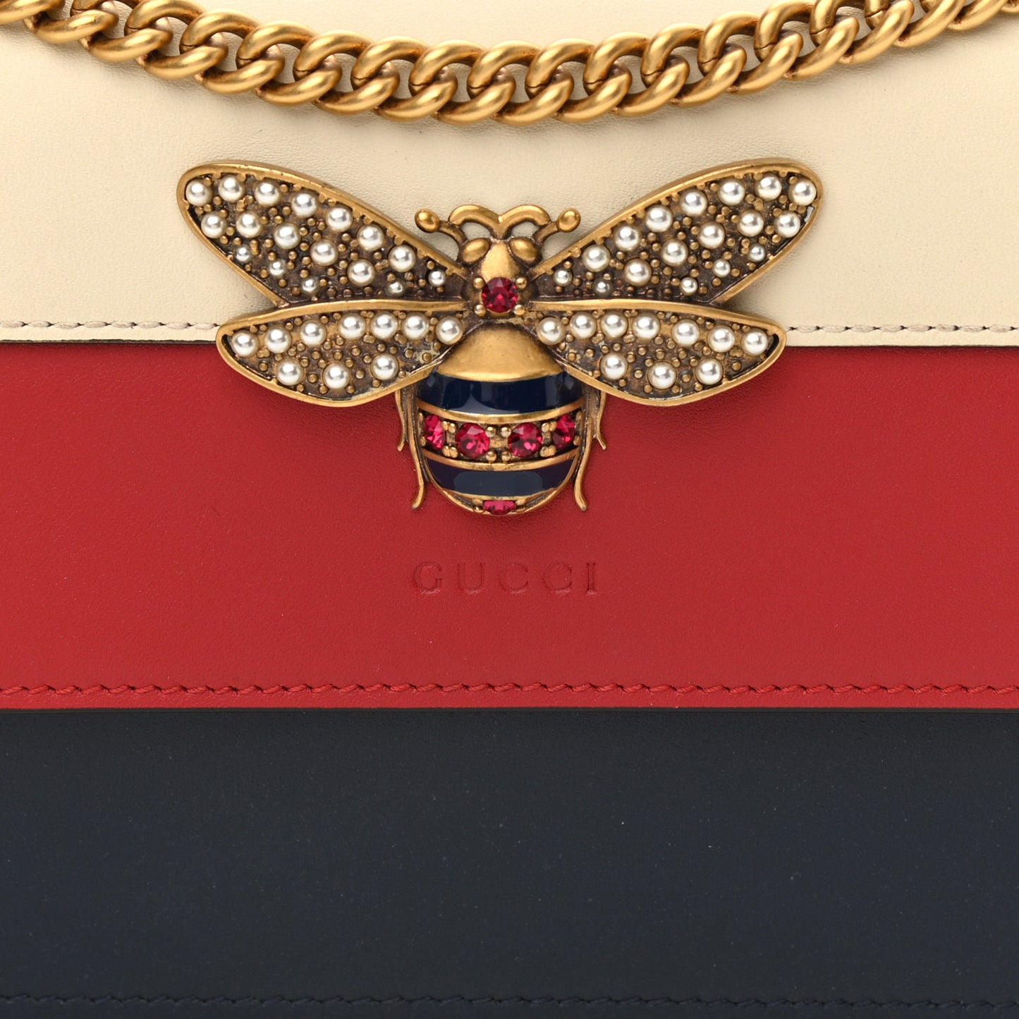 Calfskin Queen Margaret Chain Wallet Blue Agata Hibiscus Red Mystic White