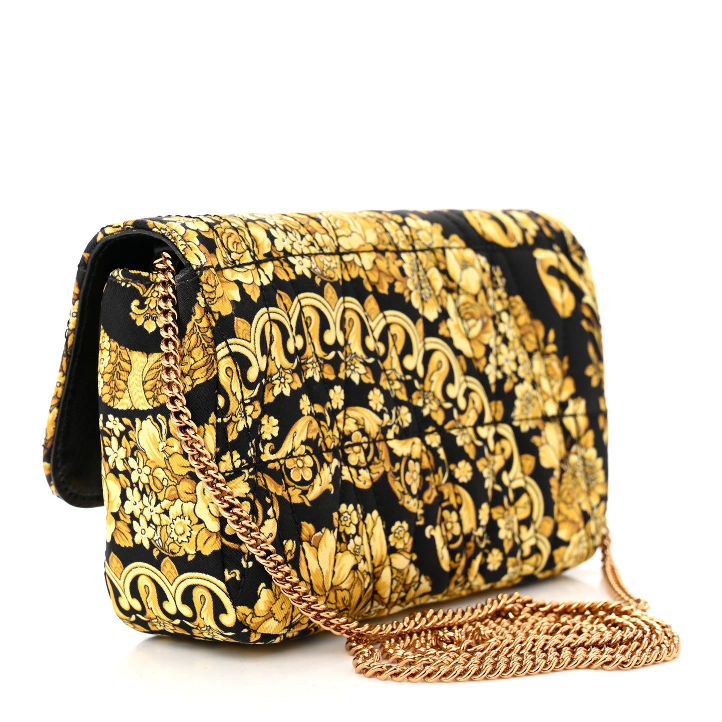 Silk Barocco Printed Quilted Virtus V Mini Chain Flap Shoulder Bag Black Gold