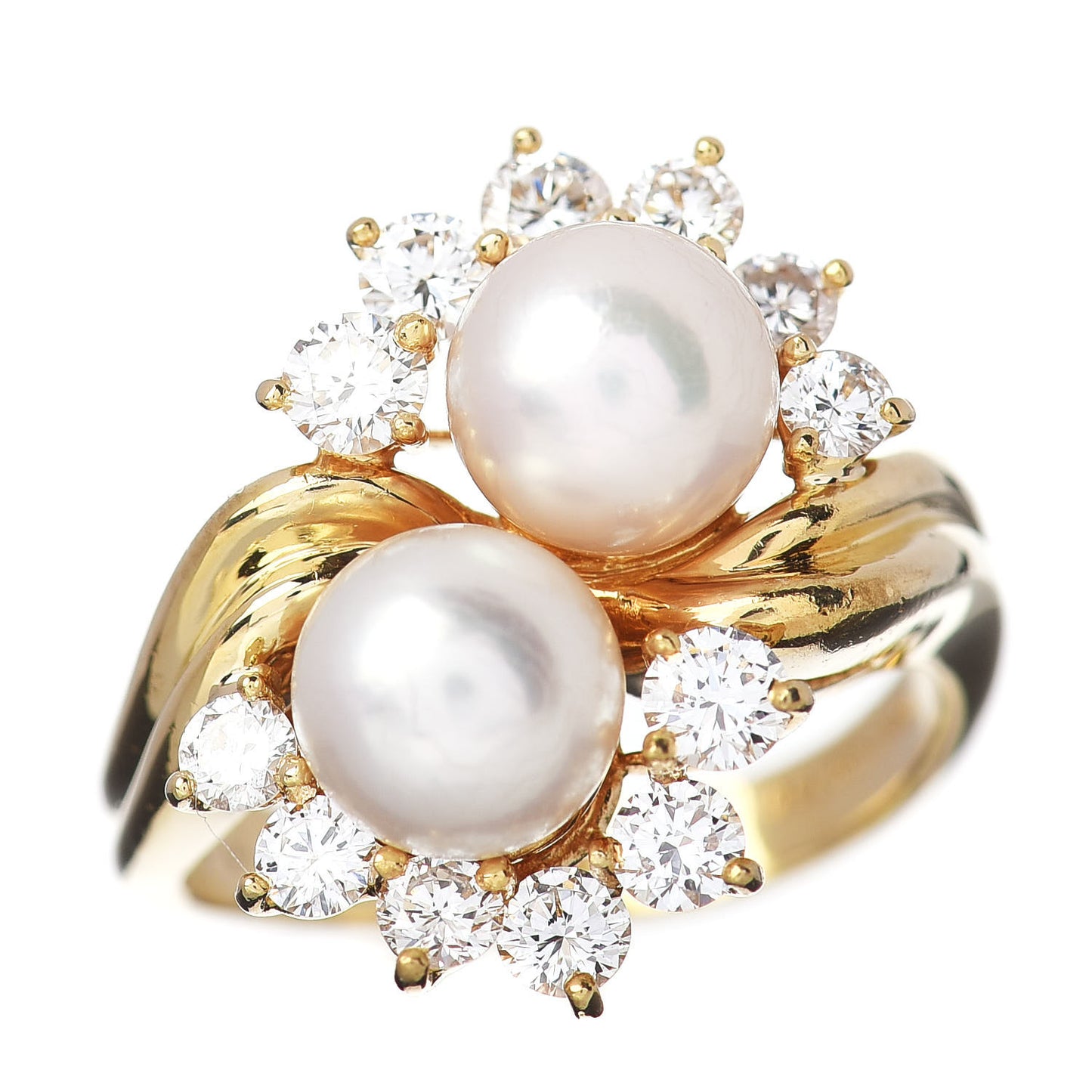18K Yellow Gold Diamond Double Pearl Cocktail Ring 53 6.5