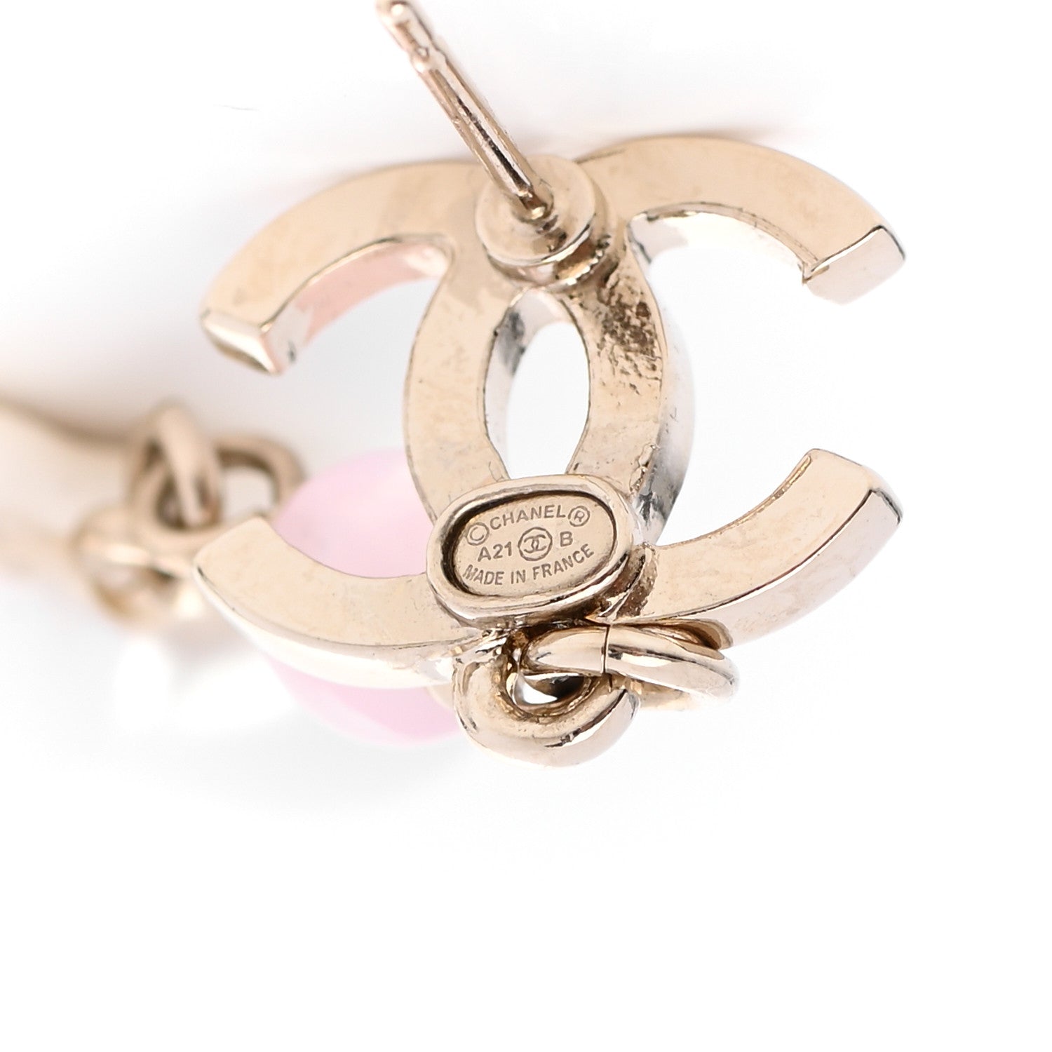 Chanel Metal Pearl Crystal Bead CC Heart Drop Earrings Pink Gold 4 of 5