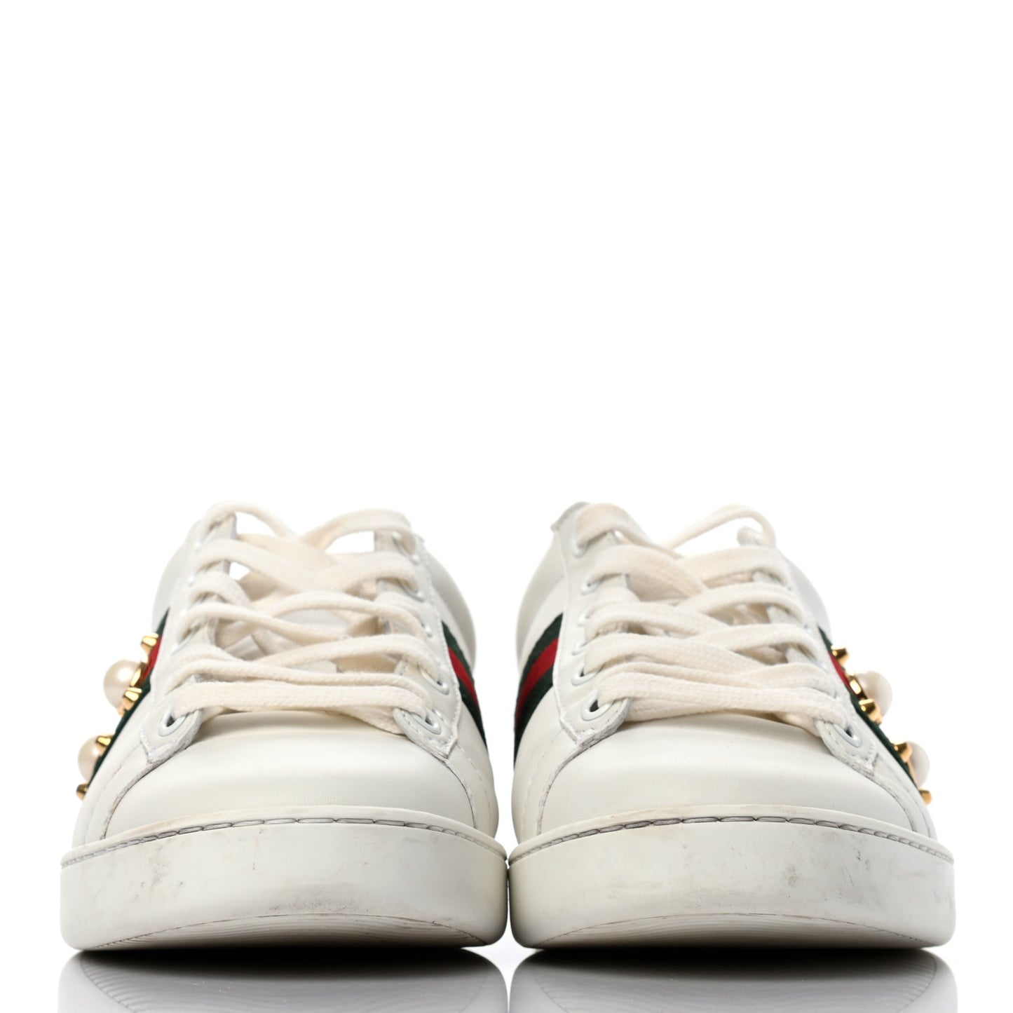 Calfskin Web Pearl Studded Womens Ace Sneakers 37.5 White