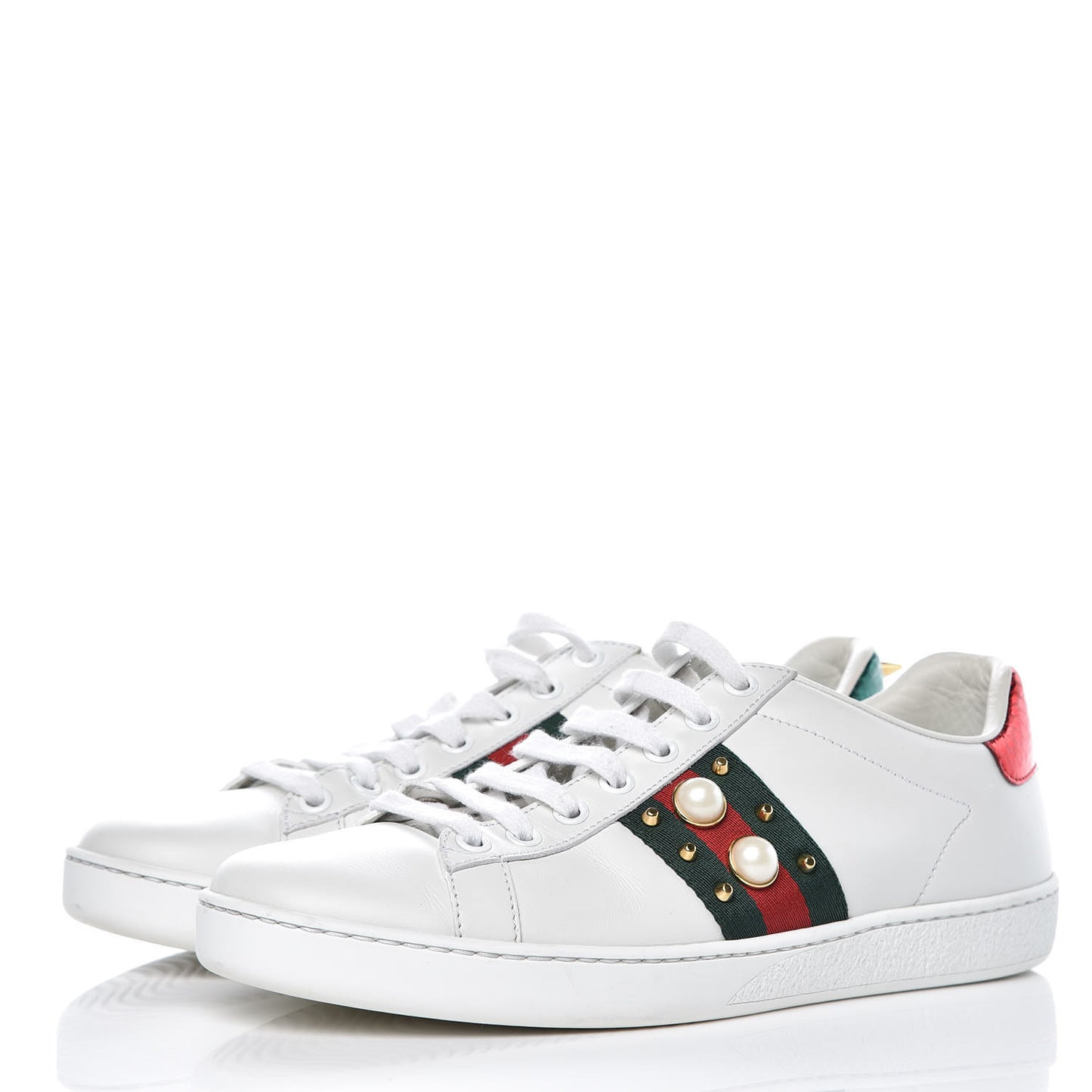 Calfskin Web Pearl Studded Womens Ace Sneakers 37.5 White