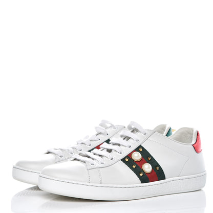 Gucci Calfskin Web Pearl Studded Womens Ace Sneakers 37.5 White 3 of 12