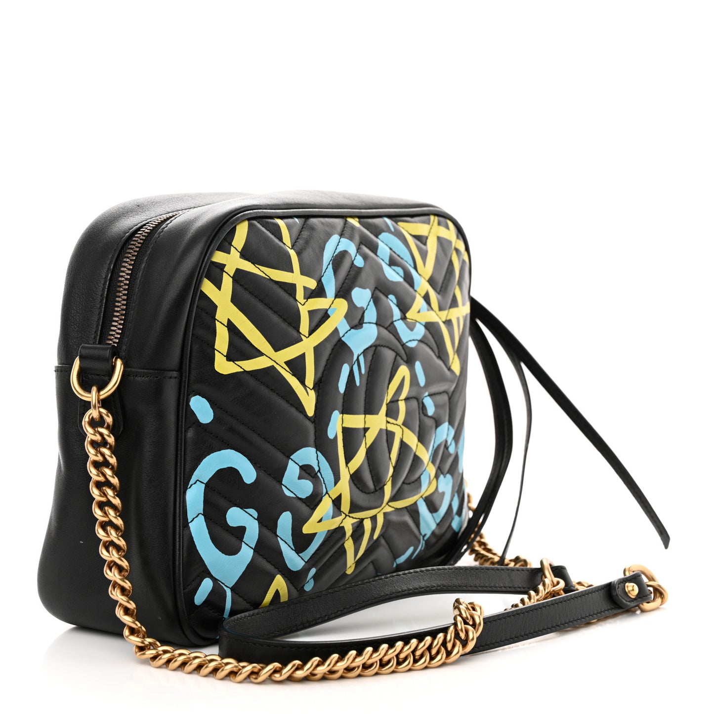 Calfskin Matelasse GucciGhost Medium GG Marmont Chain Shoulder Bag Black New Acquamarine