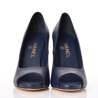 Chanel Lambskin Pearl Peep Toe Pumps 38 Navy 2 of 9