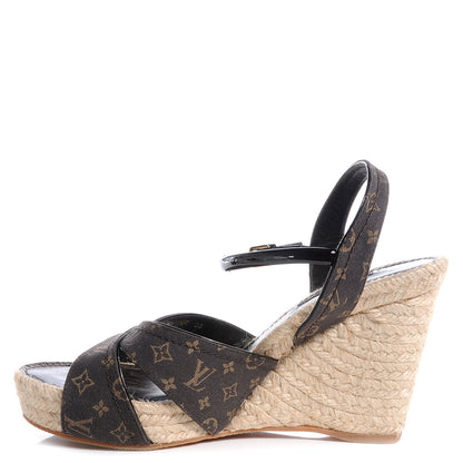 Louis Vuitton Monogram Idylle Majorca Espadrille Wedge Sandals 38 Fusain 1 of 6