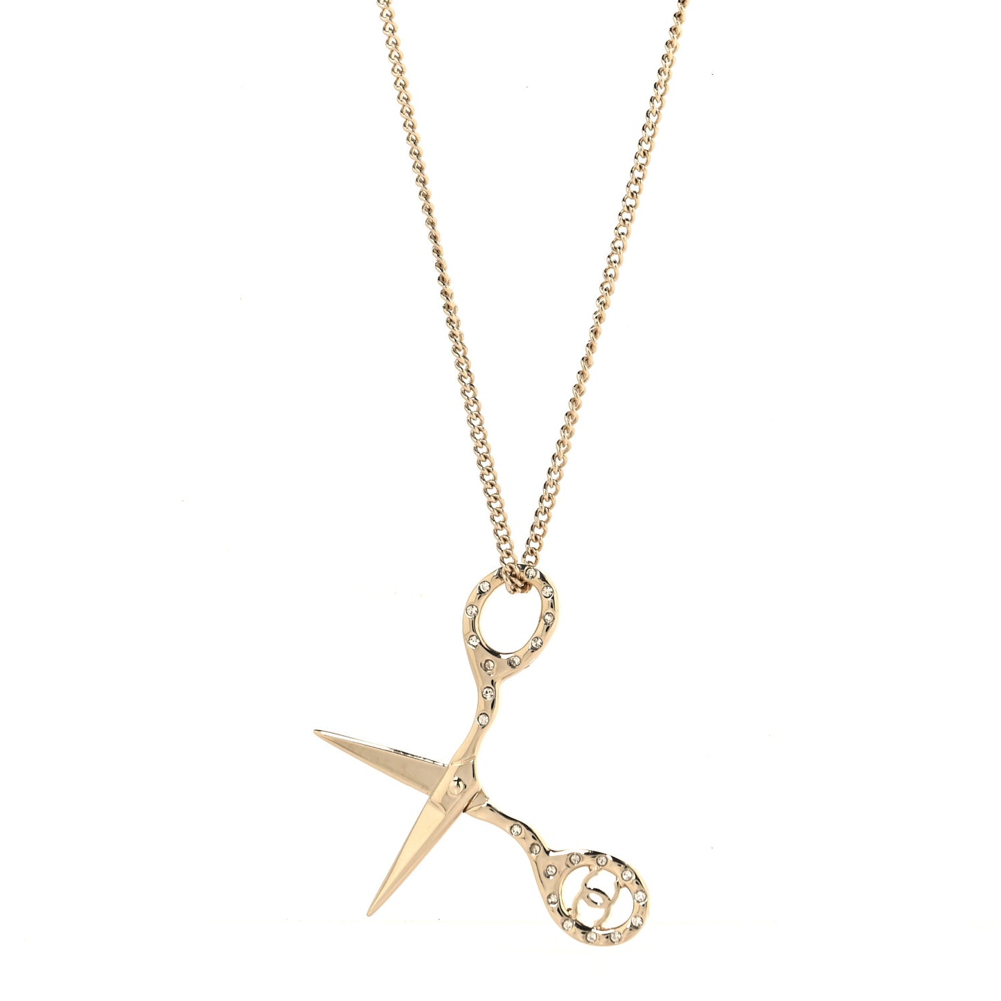 Metal Strass Crystal Scissors CC Pendant Necklace Gold