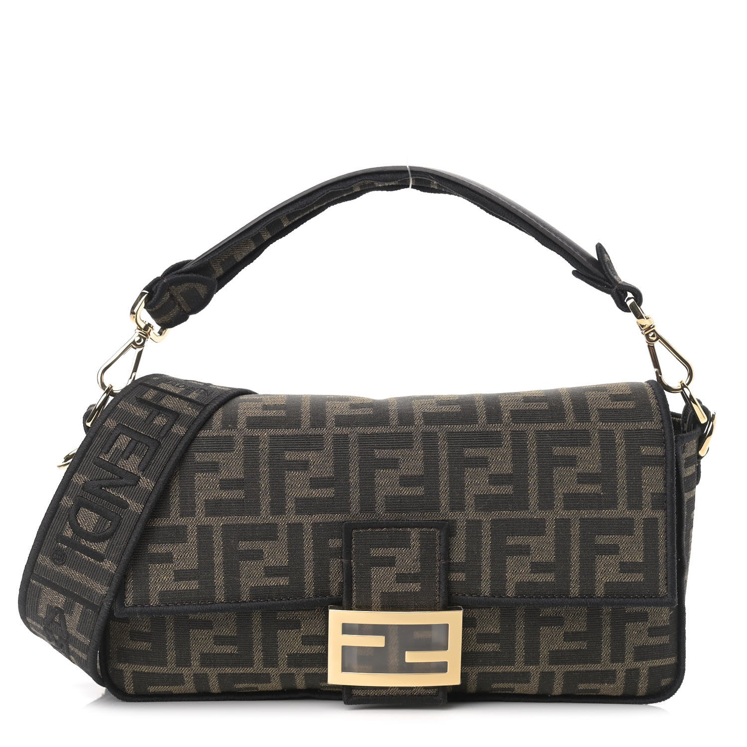 Fendi Fabric Jacquard FF 1974 Medium Baguette Tobacco Moro Black 1 of 9