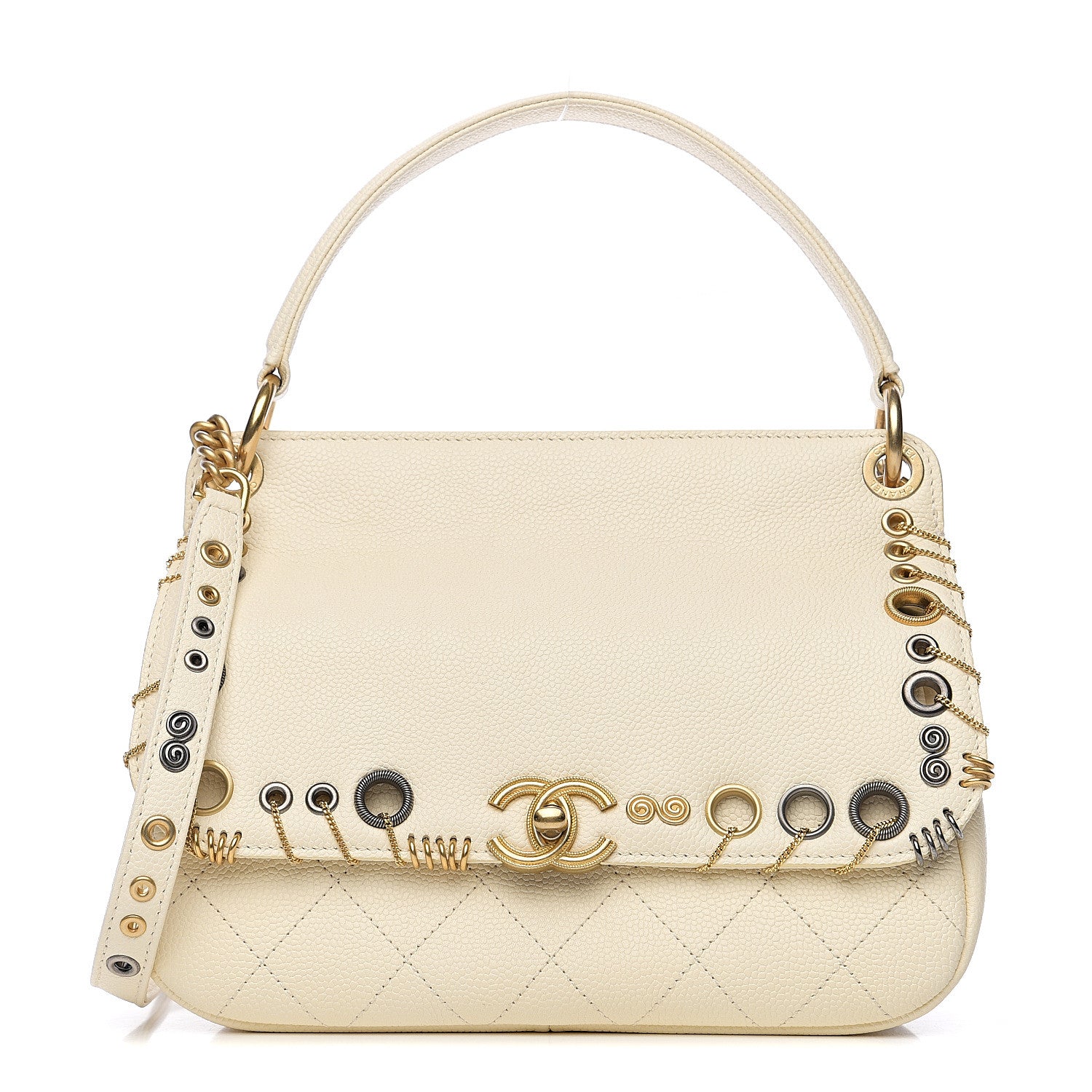 Chanel Caviar Quilted Grommet Embellished Small Piercing Chic Flap Bag Ivory 1 of 9