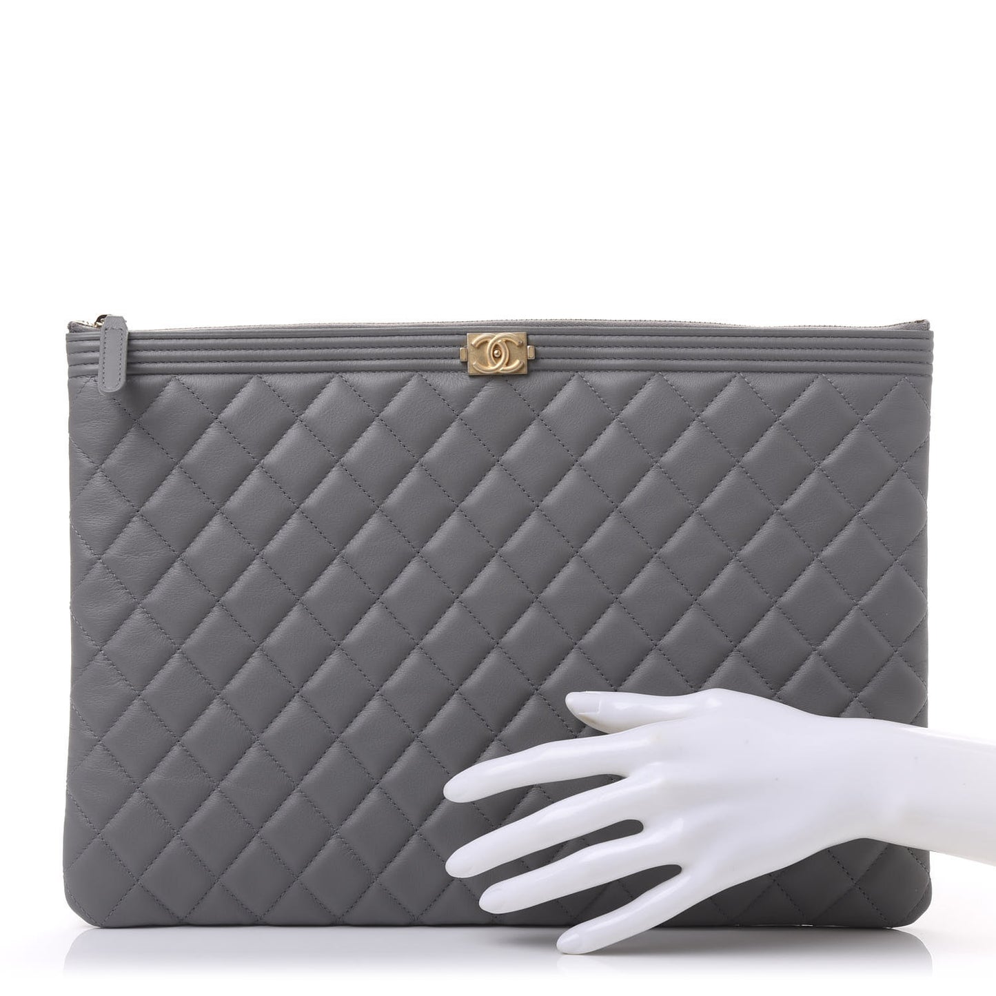 Lambskin Quilted Large Boy Zip Pouch Grey