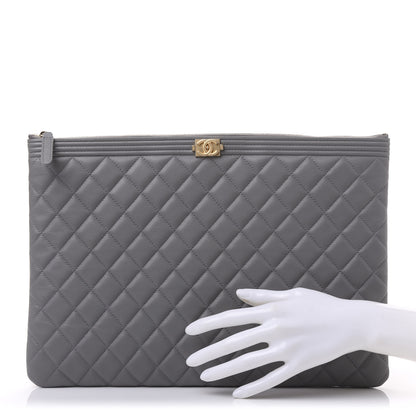 Chanel Lambskin Quilted Large Boy Zip Pouch Grey 2 of 11