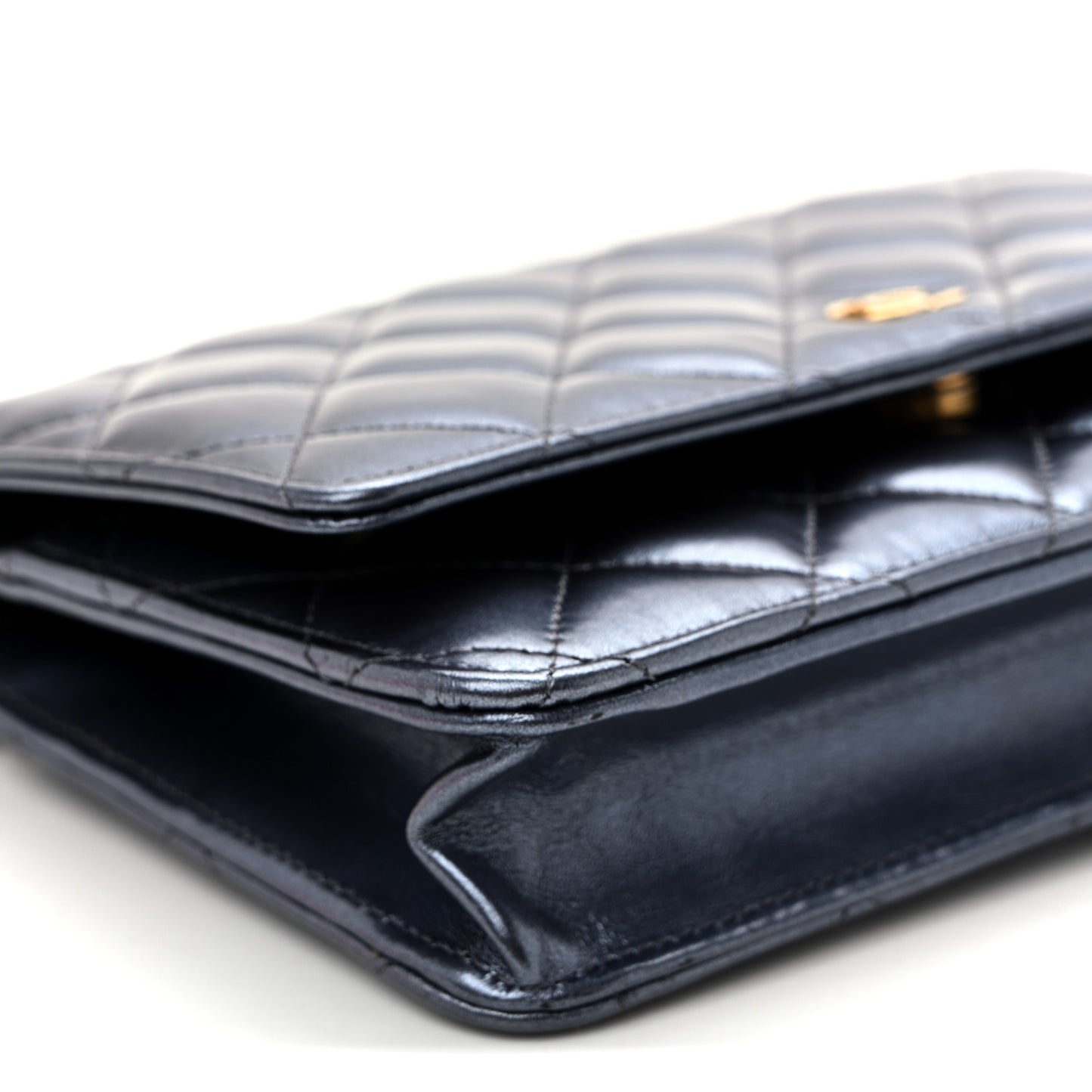 Metallic Calfskin Quilted Wallet On Chain WOC Navy Blue