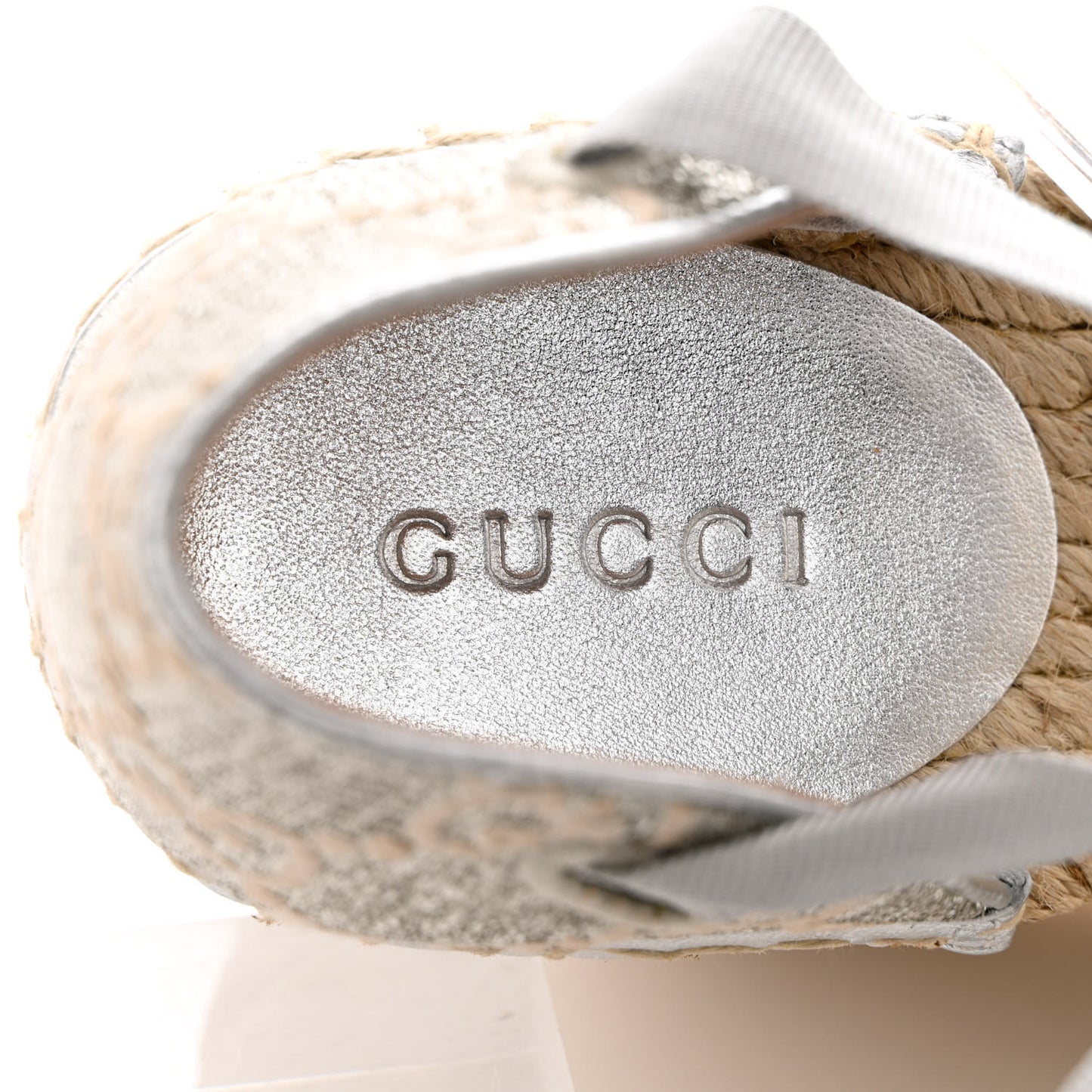 Lame GG Monogram Ankle Wrap Platform Espadrille Wedges 38 Silver Beige Light Grey