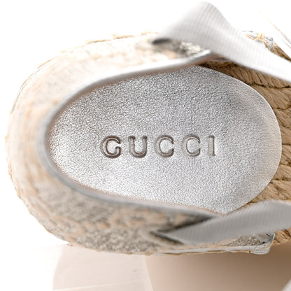 Gucci Lame GG Monogram Ankle Wrap Platform Espadrille Wedges 38 Silver Beige Light Grey 7 of 9