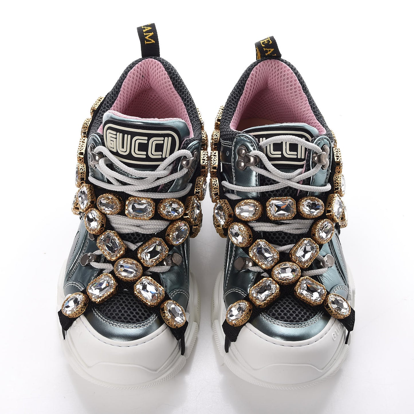X SEGA Metallic Calfskin Removable Crystals Womens Flashtrek Sneakers 36.5 Lago Loess Silver