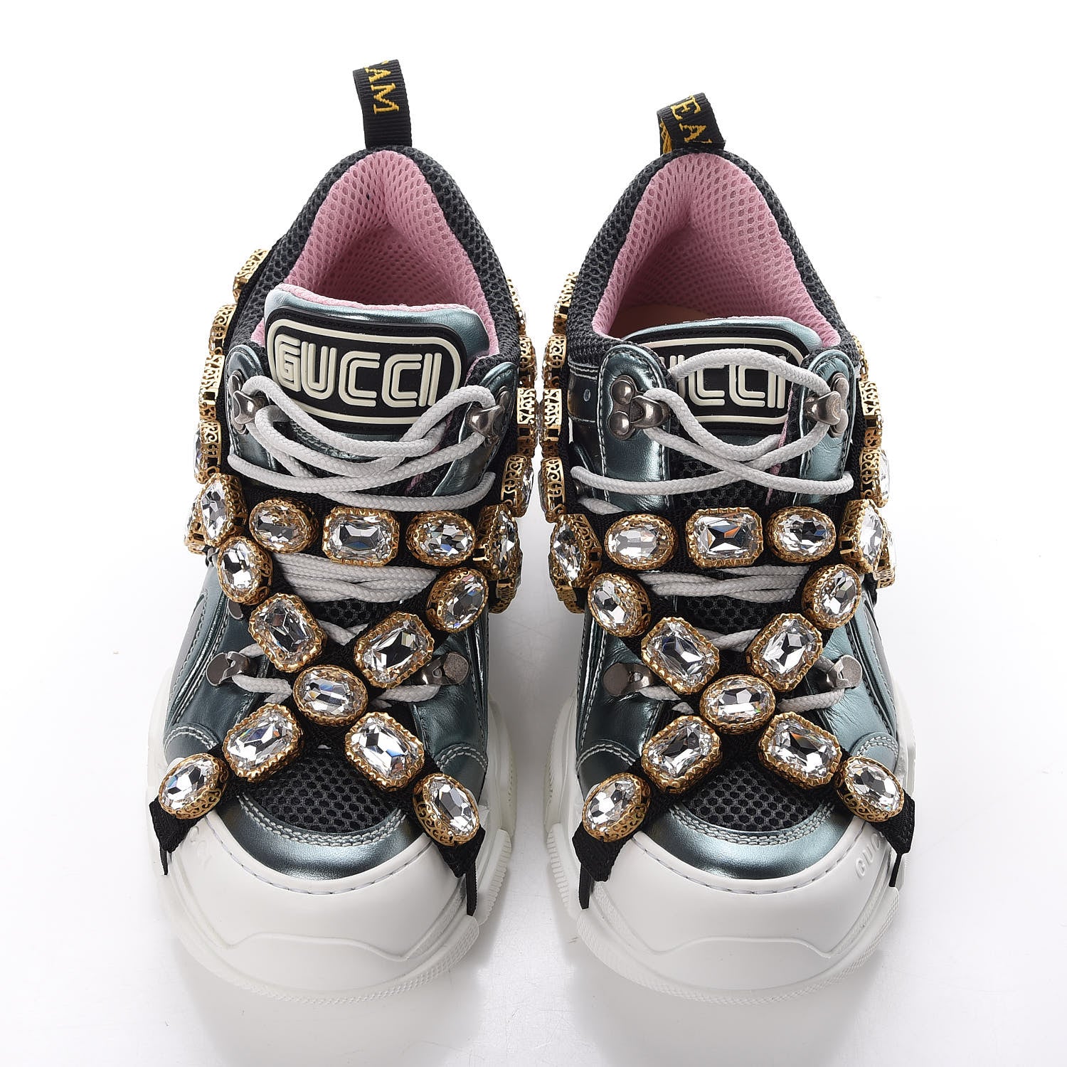 Gucci X SEGA Metallic Calfskin Removable Crystals Womens Flashtrek Sneakers 36.5 Lago Loess Silver 5 of 9