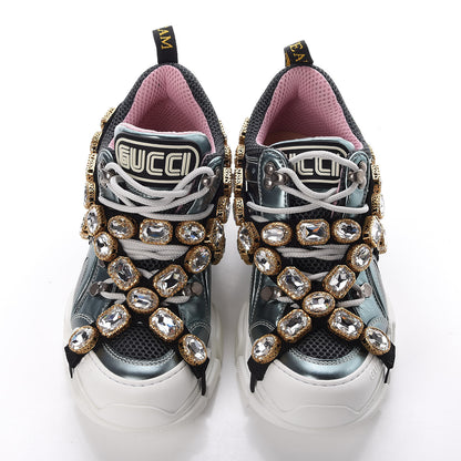 Gucci X SEGA Metallic Calfskin Removable Crystals Womens Flashtrek Sneakers 36.5 Lago Loess Silver 5 of 9